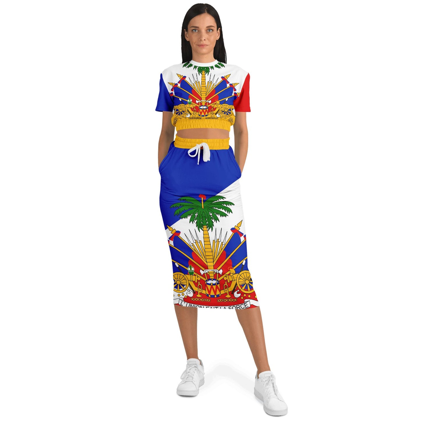 COAT OF ARMS OF HAITI Fashion Cropped Short Sleeve Sweatshirt and Long Pocket Skirt - Haitianbuy
