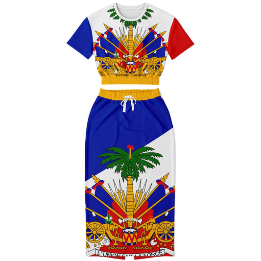 COAT OF ARMS OF HAITI Fashion Cropped Short Sleeve Sweatshirt and Long Pocket Skirt - Haitianbuy