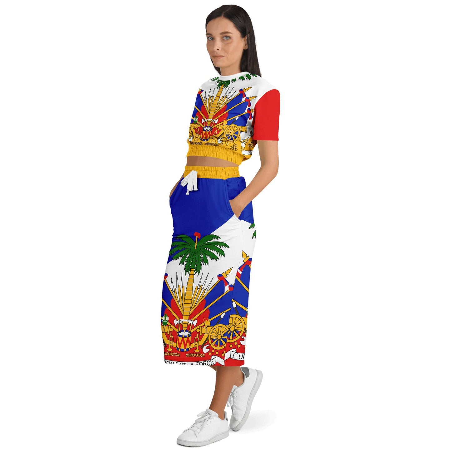 COAT OF ARMS OF HAITI Fashion Cropped Short Sleeve Sweatshirt and Long Pocket Skirt - Haitianbuy